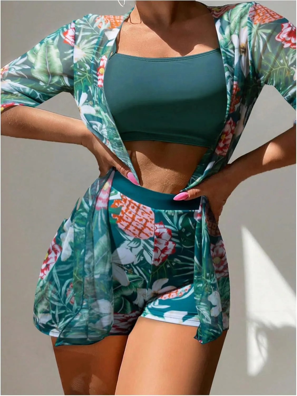 SHENHE Women's Tropical Bikini Set High Waisted Boyshorts 3 Piece Swimsuits with Kimono Cover Up