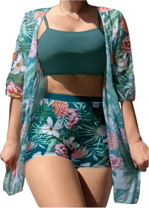 SHENHE Women's Tropical Bikini Set High Waisted Boyshorts 3 Piece Swimsuits with Kimono Cover Up