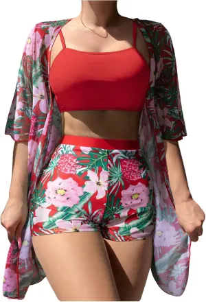 SHENHE Women's Tropical Bikini Set High Waisted Boyshorts 3 Piece Swimsuits with Kimono Cover Up