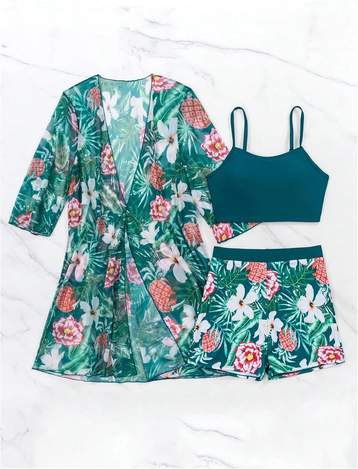 SHENHE Women's Tropical Bikini Set High Waisted Boyshorts 3 Piece Swimsuits with Kimono Cover Up