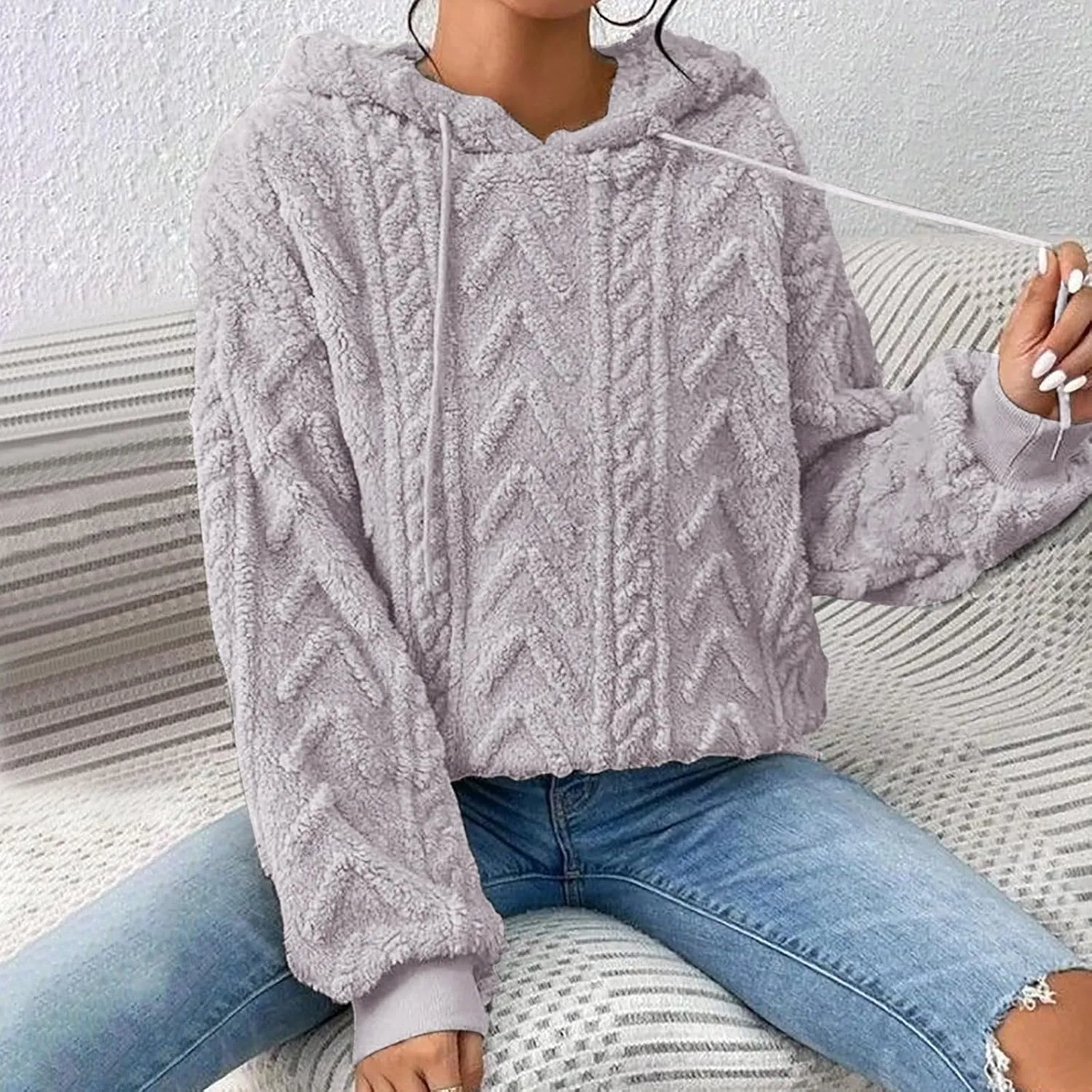 Sherpa Hoodies for Women Fleece Cable Knit Hoodies Fall Winter Warm Y2k Hoodie Oversized Sweatshirts For Women