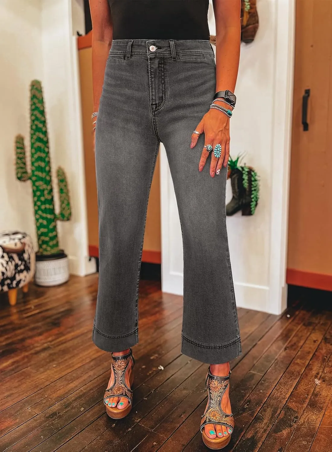 SHEWIN Wide Leg Jeans for Women Trendy High Waisted Flare Jeans Stretchy Straight Leg Ankle Denim Pants with Pockets