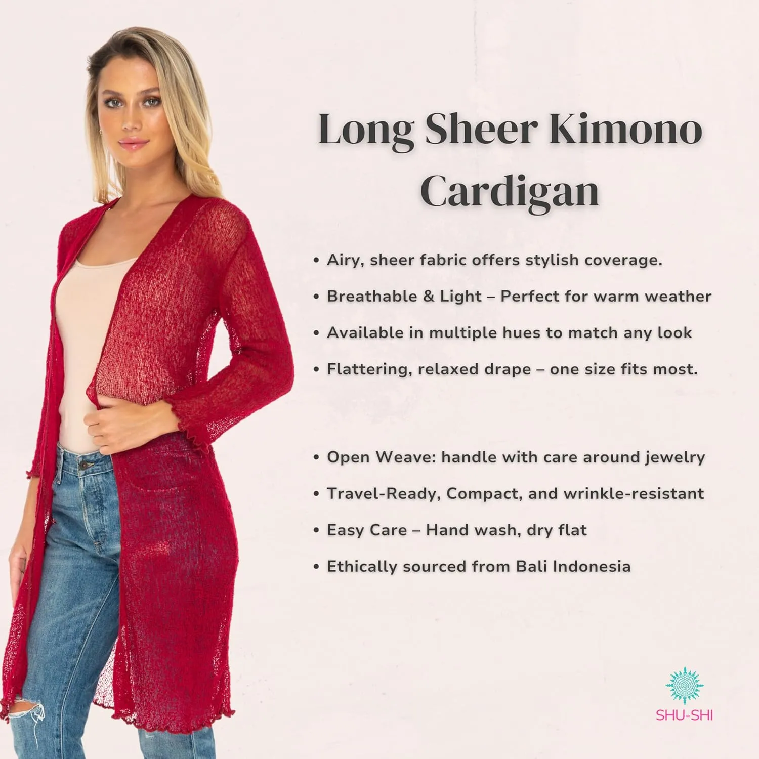 SHU-SHI Kimono Swimsuit Cover Ups for Women Beach Sweater Open Front Lightweight Long Sheer Cardigan