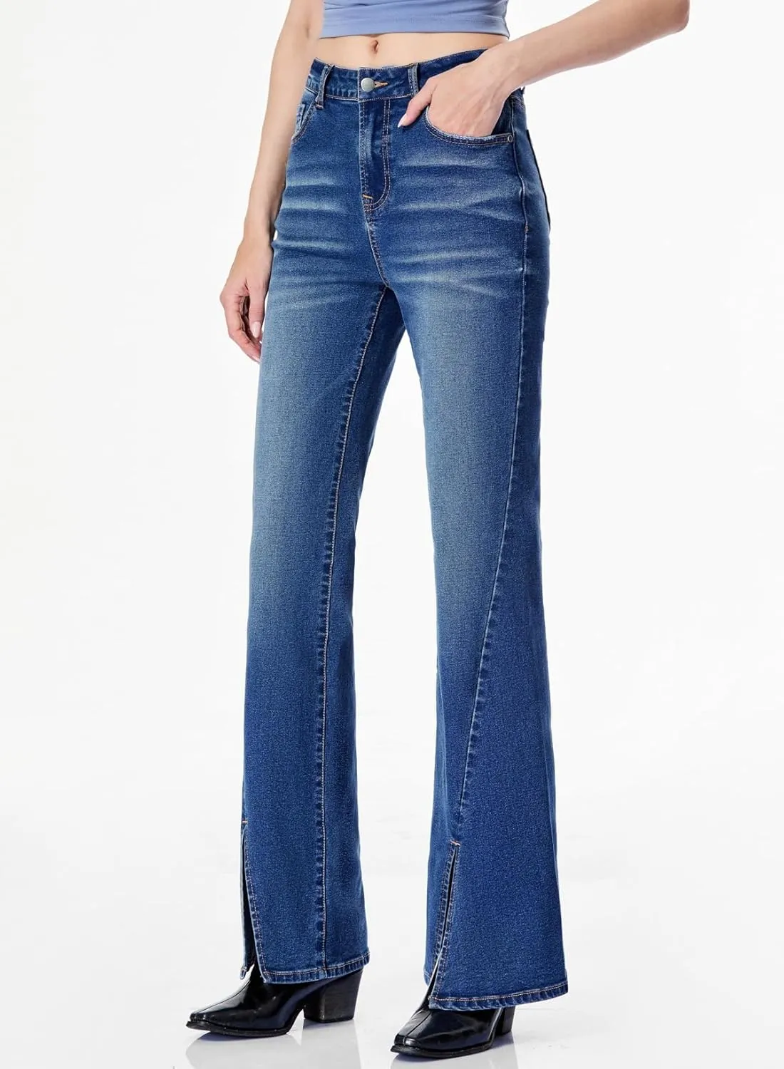 Sidefeel Womens Jeans High Waisted Stretchy Zimbaplatinum Wide Leg Jeans Trendy Slit Hem Bell Bottom Flare Denim Pants