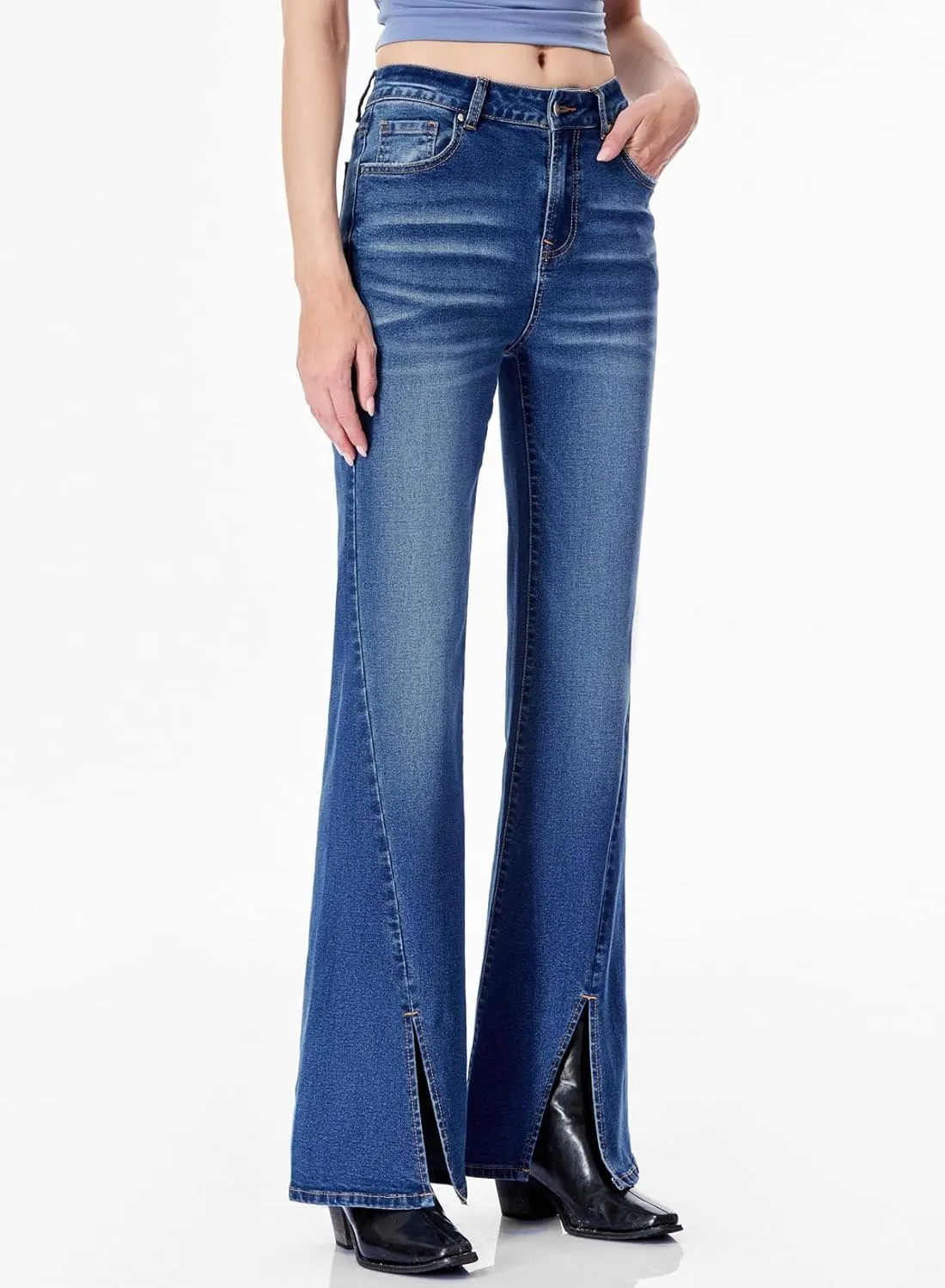 Sidefeel Womens Jeans High Waisted Stretchy Zimbaplatinum Wide Leg Jeans Trendy Slit Hem Bell Bottom Flare Denim Pants