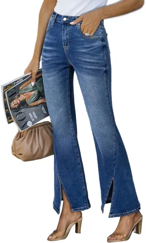 Sidefeel Womens Jeans High Waisted Stretchy Zimbaplatinum Wide Leg Jeans Trendy Slit Hem Bell Bottom Flare Denim Pants