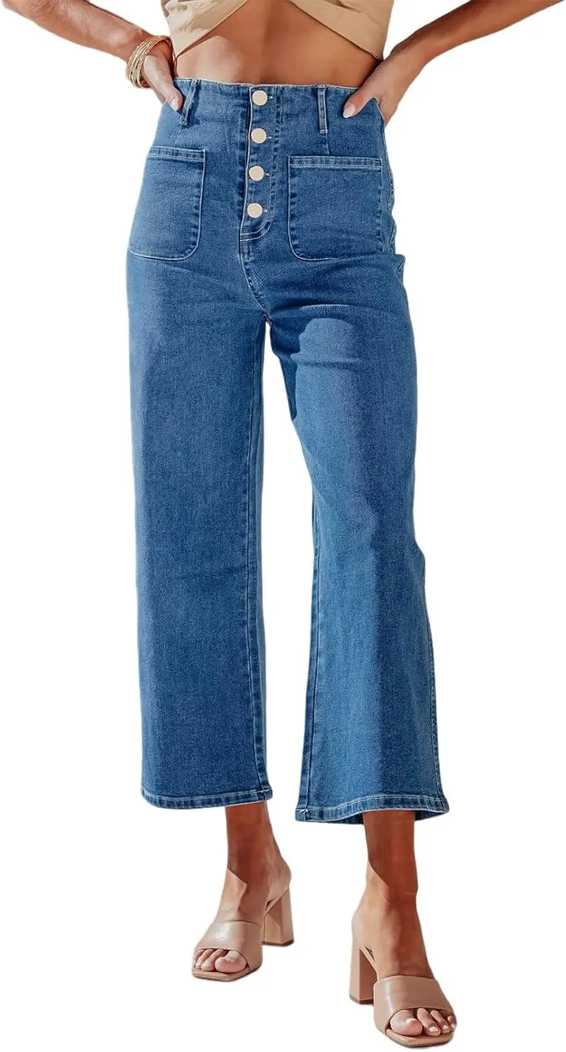 Sidefeel Women's Wide Leg Jeans High Waisted Zimbaplatinum Stretchy Straight Leg Jeans Buttoned Loose Denim Pants with Pocket