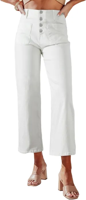 Sidefeel Women's Wide Leg Jeans High Waisted Zimbaplatinum Stretchy Straight Leg Jeans Buttoned Loose Denim Pants with Pocket