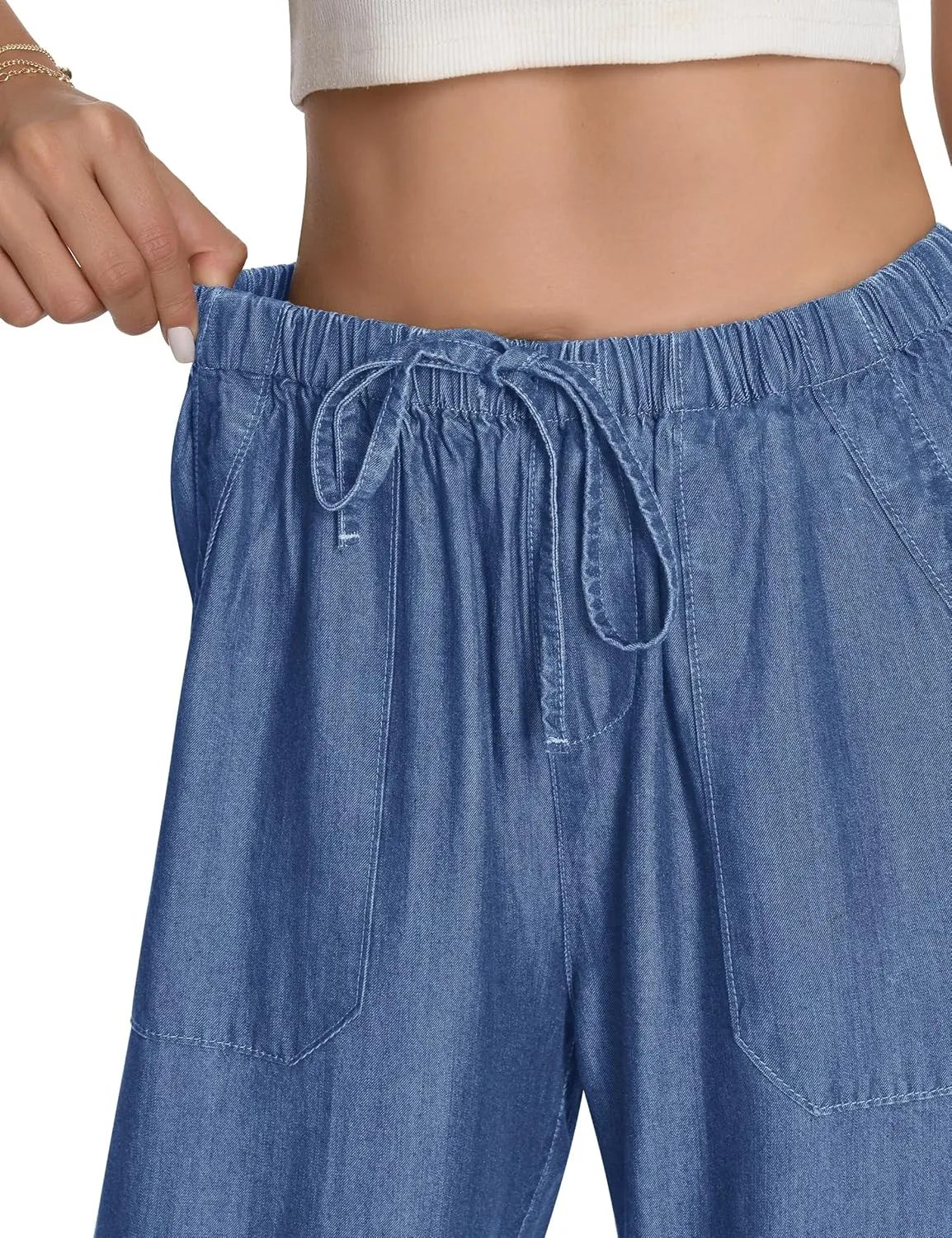 Skirt BL Women's Drawstring Elastic Waist Jeans Pull on Wide Leg Flowy Jeans for Trendy Soft Lightweight Denim Pants