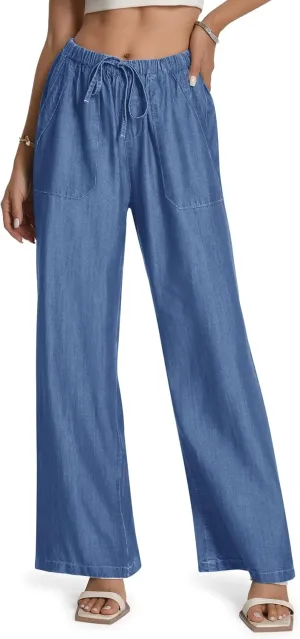Skirt BL Women's Drawstring Elastic Waist Jeans Pull on Wide Leg Flowy Jeans for Trendy Soft Lightweight Denim Pants