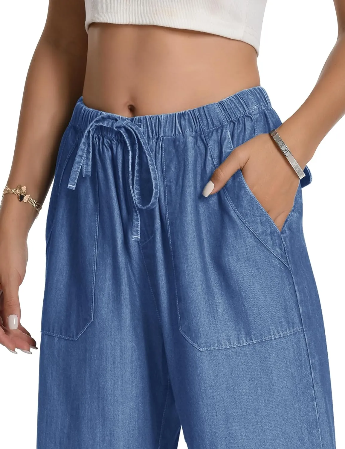 Skirt BL Women's Drawstring Elastic Waist Jeans Pull on Wide Leg Flowy Jeans for Trendy Soft Lightweight Denim Pants