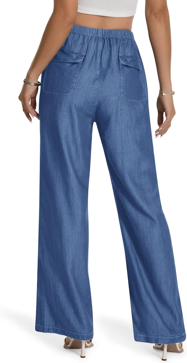 Skirt BL Women's Drawstring Elastic Waist Jeans Pull on Wide Leg Flowy Jeans for Trendy Soft Lightweight Denim Pants