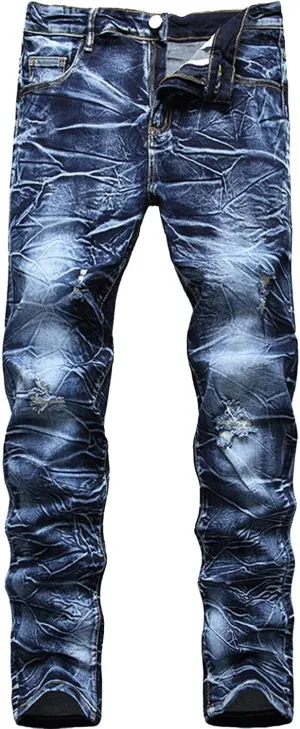 Slim Fit Ripped Jeans for Men Destroyed Distressed Stretch Slim Jeans Pants Hip Hop Y2K Streetwear Denim Pants