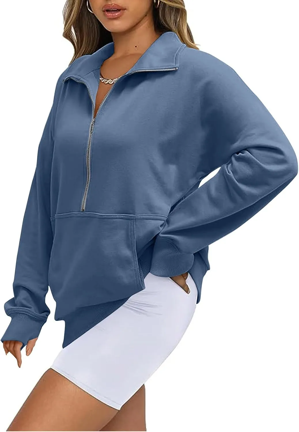 slqdgmryz Half Zip Pullover Women Cropped Fleece Oversized Sweatshirt Cute Pocket 1/2 Zipped Y2k Hoodie with Thumb Holes