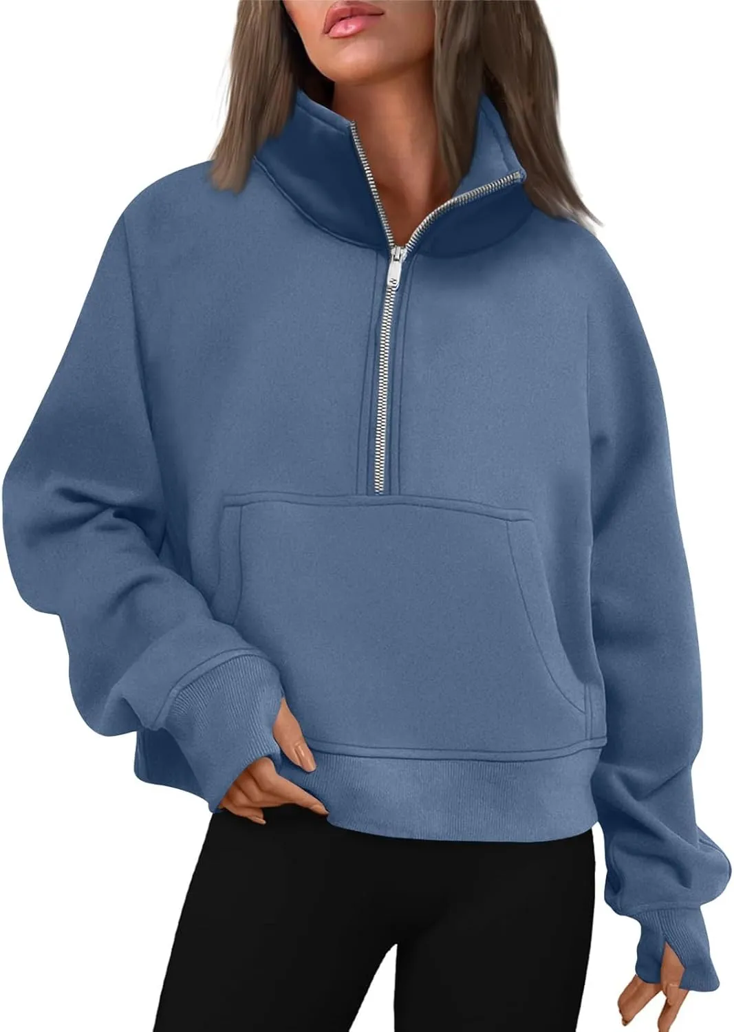 slqdgmryz Half Zip Pullover Women Cropped Fleece Oversized Sweatshirt Cute Pocket 1/2 Zipped Y2k Hoodie with Thumb Holes