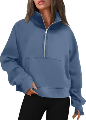 slqdgmryz Half Zip Pullover Women Cropped Fleece Oversized Sweatshirt Cute Pocket 1/2 Zipped Y2k Hoodie with Thumb Holes
