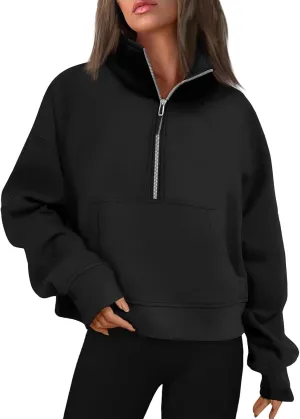 slqdgmryz Half Zip Pullover Women Cropped Fleece Oversized Sweatshirt Cute Pocket 1/2 Zipped Y2k Hoodie with Thumb Holes