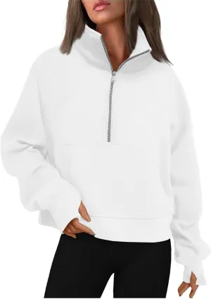 slqdgmryz Half Zip Pullover Women Cropped Fleece Oversized Sweatshirt Cute Pocket 1/2 Zipped Y2k Hoodie with Thumb Holes