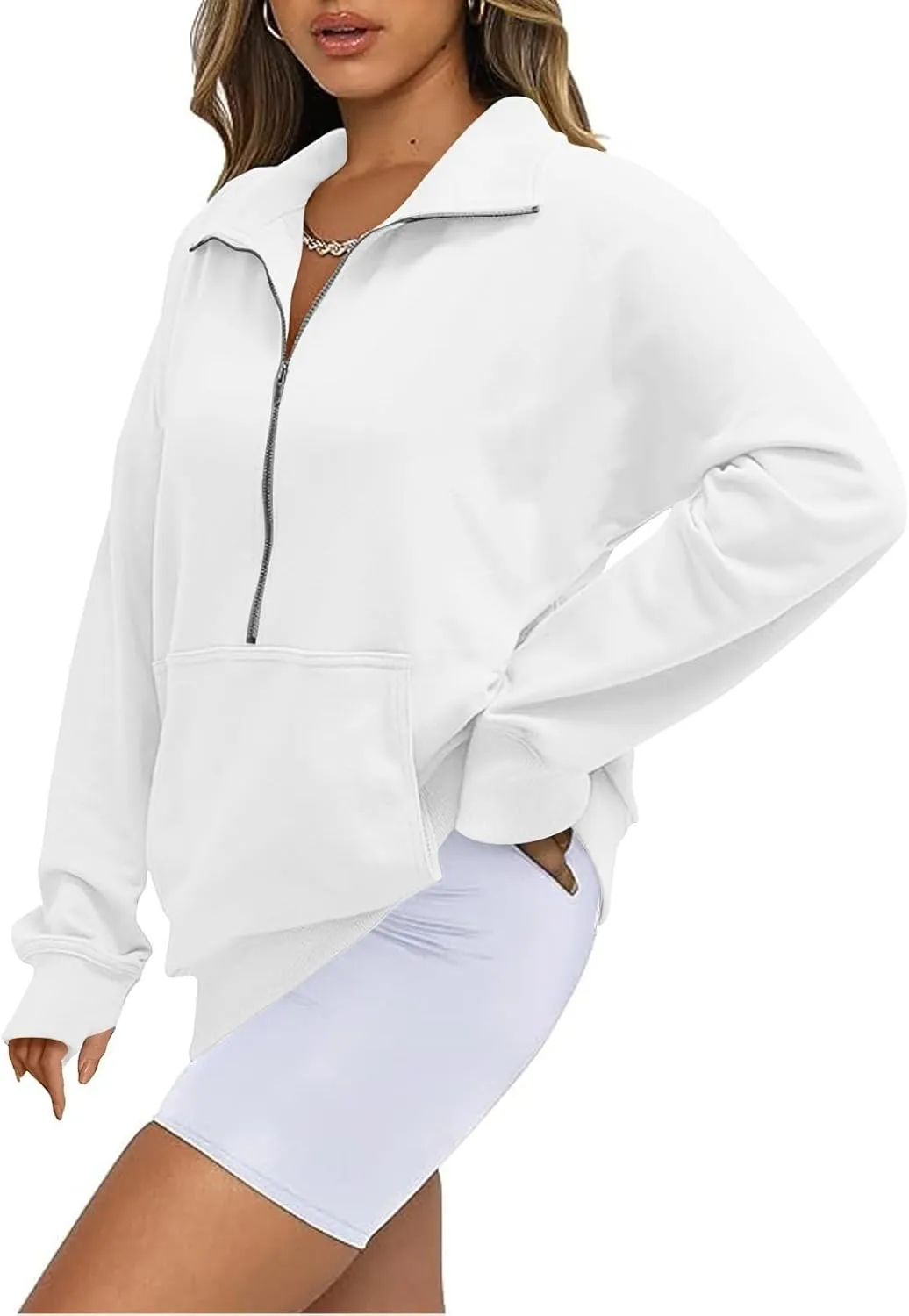 slqdgmryz Half Zip Pullover Women Cropped Fleece Oversized Sweatshirt Cute Pocket 1/2 Zipped Y2k Hoodie with Thumb Holes