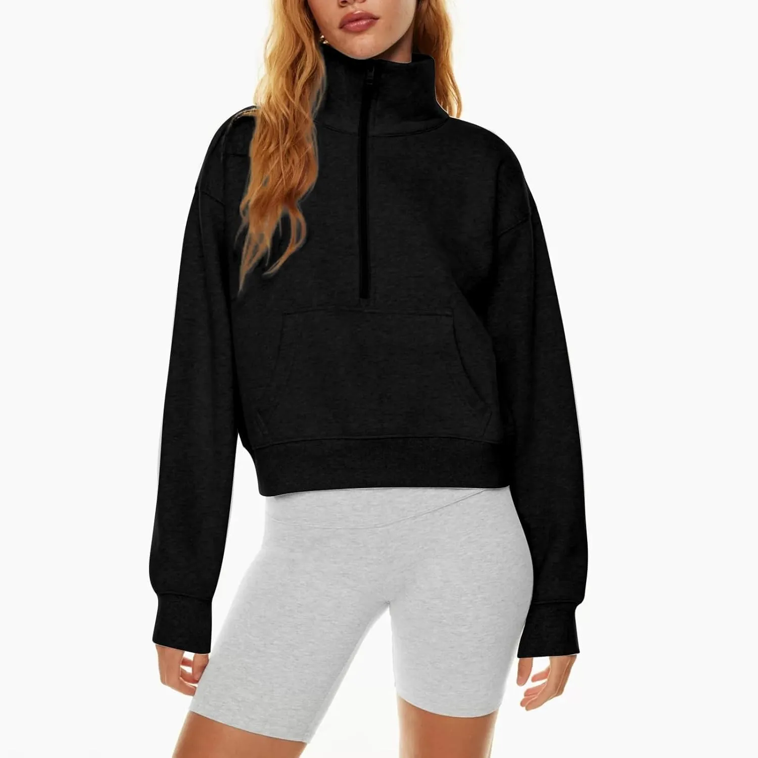 slqdgmryz Half Zip Pullover Women Cropped Fleece Oversized Sweatshirt Cute Pocket 1/2 Zipped Y2k Hoodie with Thumb Holes
