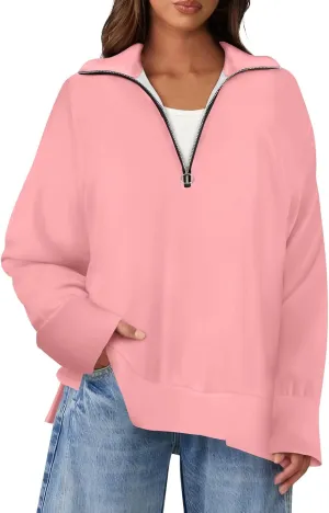 slqdgmryz Quarter Zip Pullover Women Side Slit Oversized Sweatshirt Preppy 1/4 Zipper Y2k Hoodie Long Sleeve Cute Sweatshirts