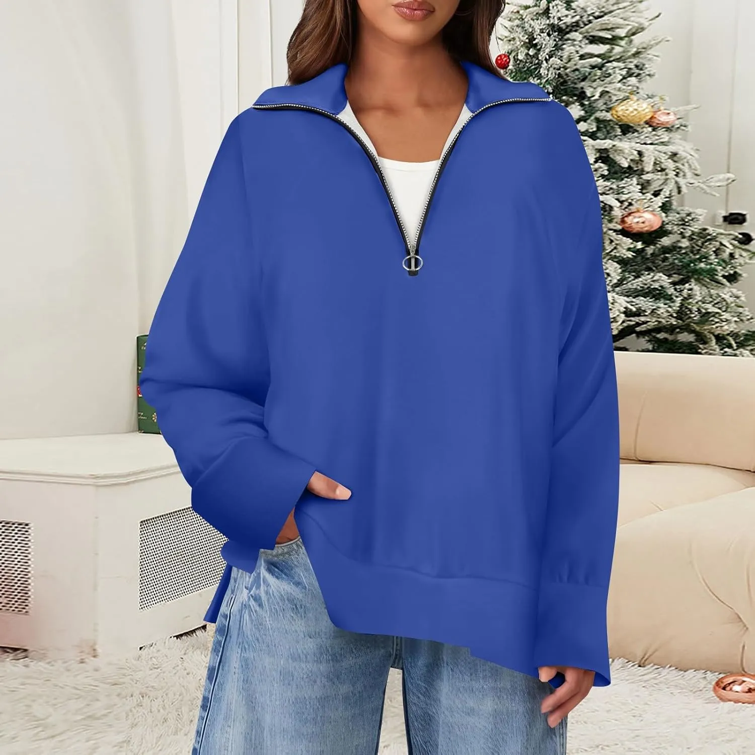 slqdgmryz Quarter Zip Pullover Women Side Slit Oversized Sweatshirt Preppy 1/4 Zipper Y2k Hoodie Long Sleeve Cute Sweatshirts
