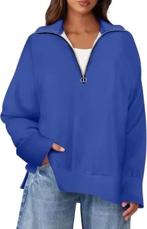 slqdgmryz Quarter Zip Pullover Women Side Slit Oversized Sweatshirt Preppy 1/4 Zipper Y2k Hoodie Long Sleeve Cute Sweatshirts