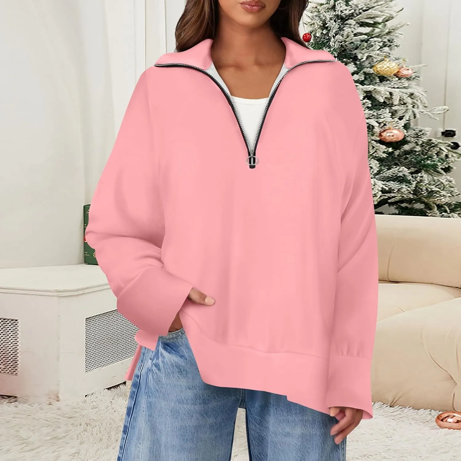 slqdgmryz Quarter Zip Pullover Women Side Slit Oversized Sweatshirt Preppy 1/4 Zipper Y2k Hoodie Long Sleeve Cute Sweatshirts