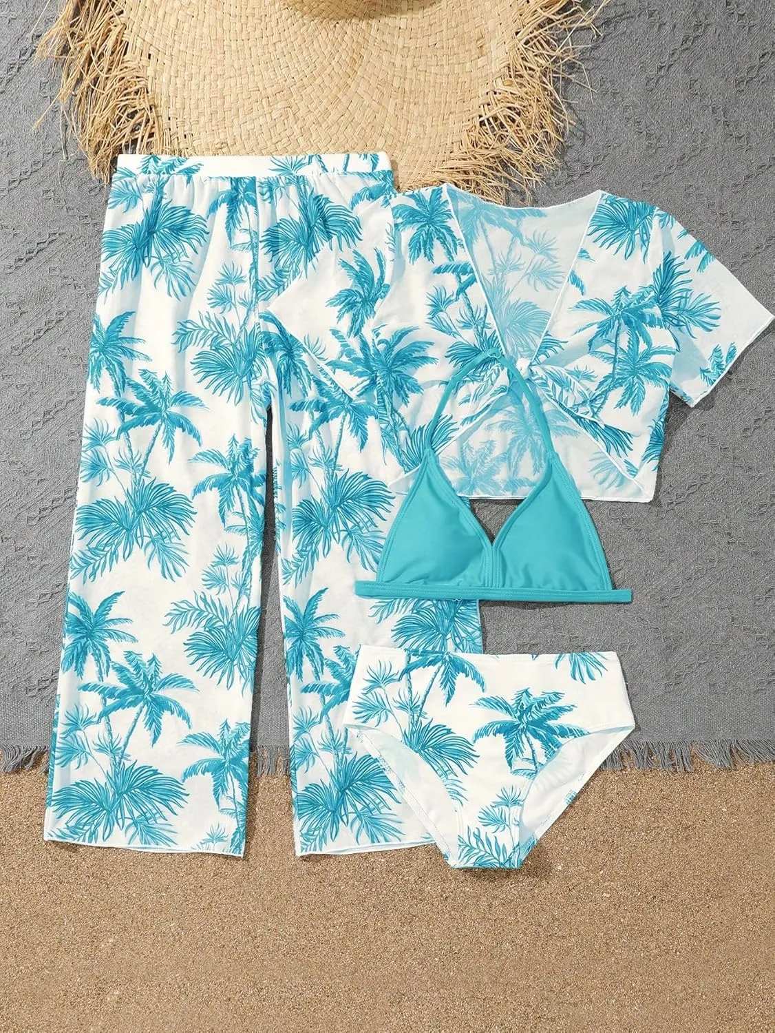 SOLY HUX Girl's 4 Piece Swimsuits Tropical Print Halter Bikini Set Bathing Suits with Kimono and Cover Up Pants