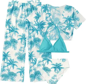SOLY HUX Girl's 4 Piece Swimsuits Tropical Print Halter Bikini Set Bathing Suits with Kimono and Cover Up Pants