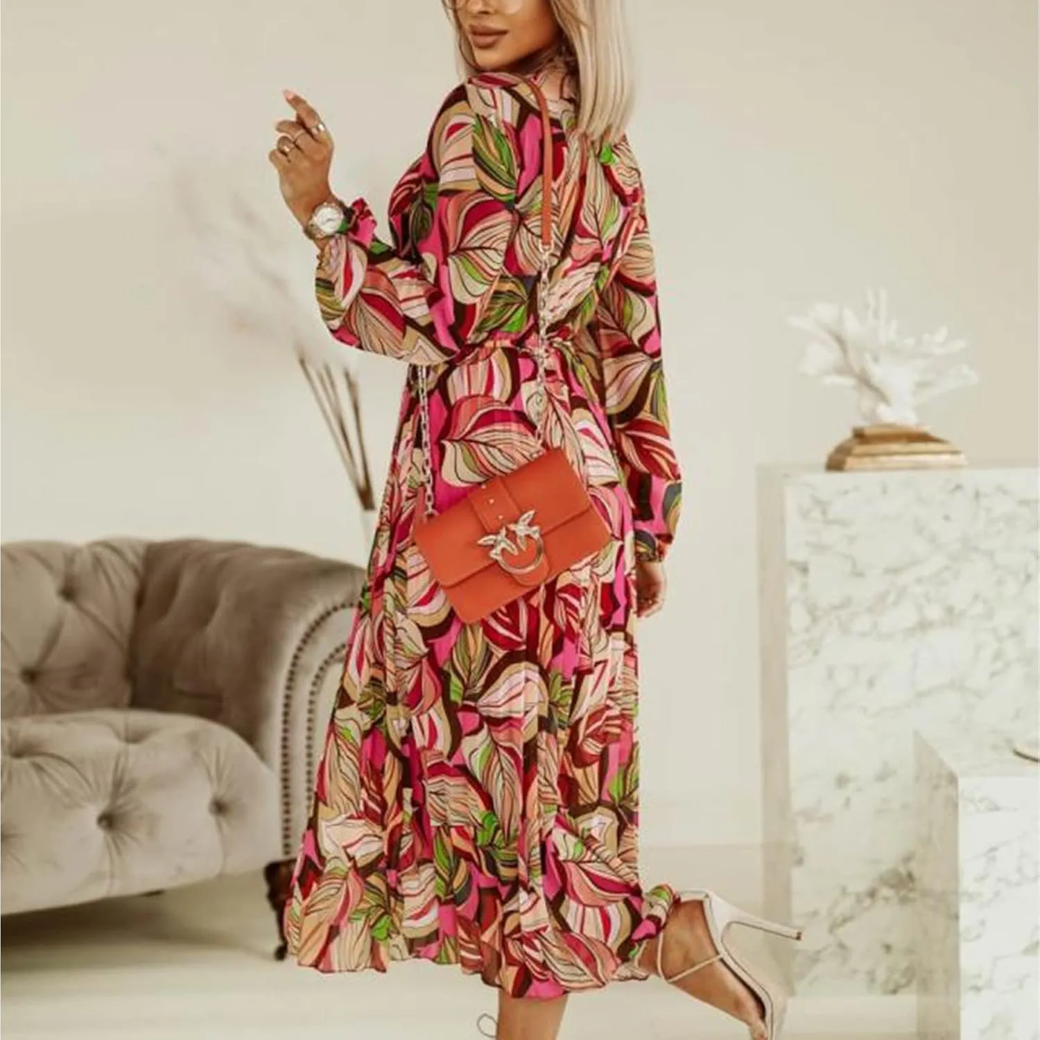 Spanish Style Dress for Women Banded Collar Pleated Midi Dress Button Up Long Sleeve with Belt
