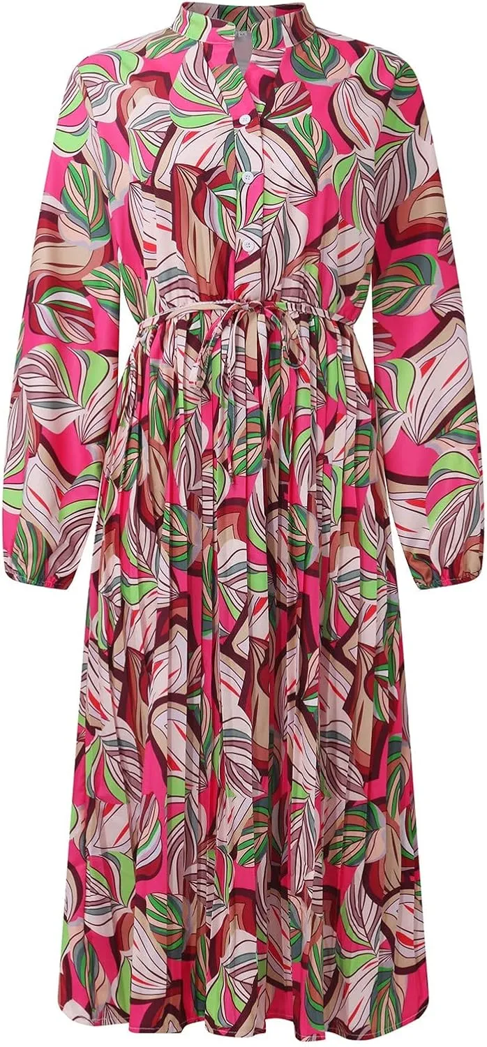 Spanish Style Dress for Women Banded Collar Pleated Midi Dress Button Up Long Sleeve with Belt