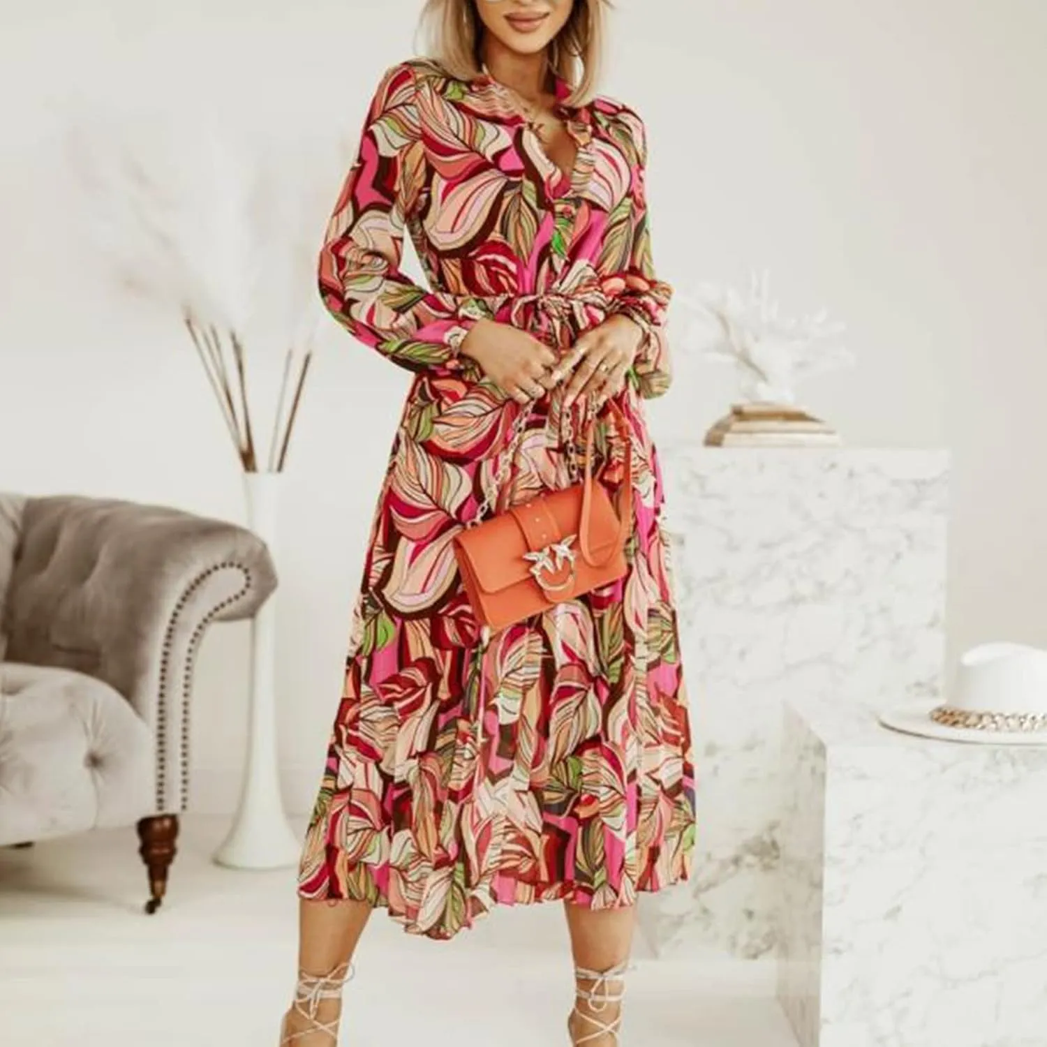 Spanish Style Dress for Women Banded Collar Pleated Midi Dress Button Up Long Sleeve with Belt
