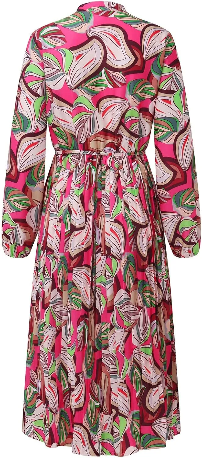 Spanish Style Dress for Women Banded Collar Pleated Midi Dress Button Up Long Sleeve with Belt