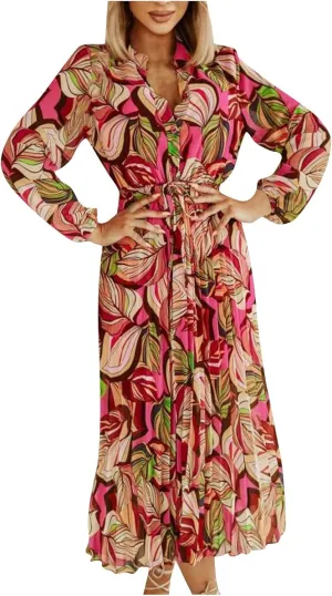 Spanish Style Dress for Women Banded Collar Pleated Midi Dress Button Up Long Sleeve with Belt