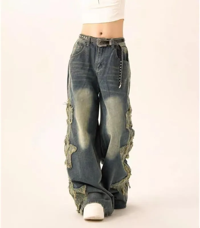 Star Jeans for Women Girls Baggy Cute Patchwork Denim Pants Y2k High Waisted Jeans Grunge Aesthetic Clothes