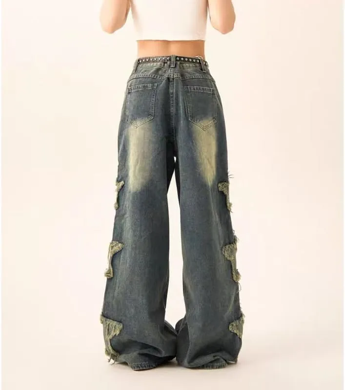 Star Jeans for Women Girls Baggy Cute Patchwork Denim Pants Y2k High Waisted Jeans Grunge Aesthetic Clothes