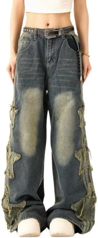 Star Jeans for Women Girls Baggy Cute Patchwork Denim Pants Y2k High Waisted Jeans Grunge Aesthetic Clothes