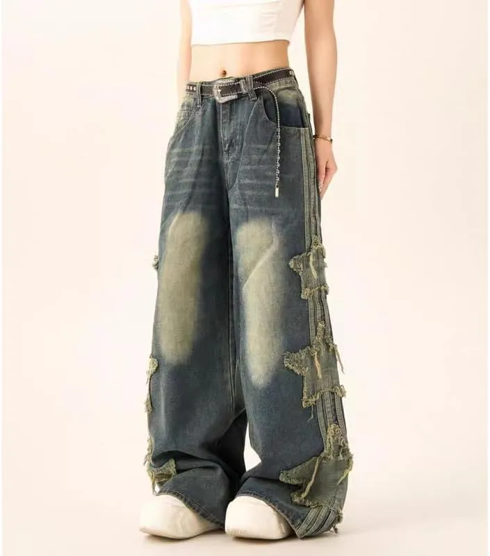 Star Jeans for Women Girls Baggy Cute Patchwork Denim Pants Y2k High Waisted Jeans Grunge Aesthetic Clothes