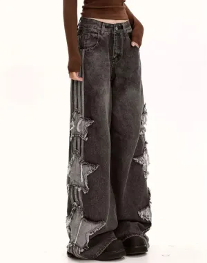 Star Jeans for Women Girls Baggy Cute Patchwork Denim Pants Y2k High Waisted Jeans Grunge Aesthetic Clothes