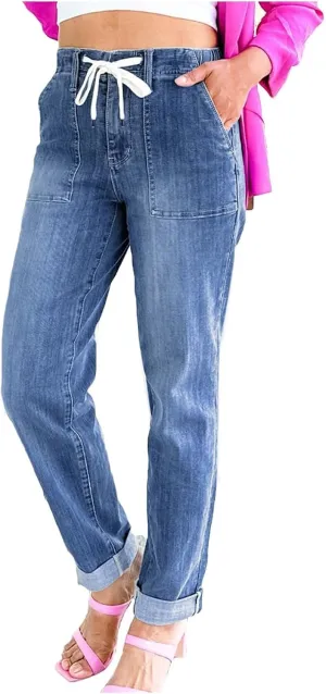Straight Leg Jeans for Women Drawstring Elastic Waist Pull On Jeans Stretchy Boyfriend Baggy Cropped Denim Joggers