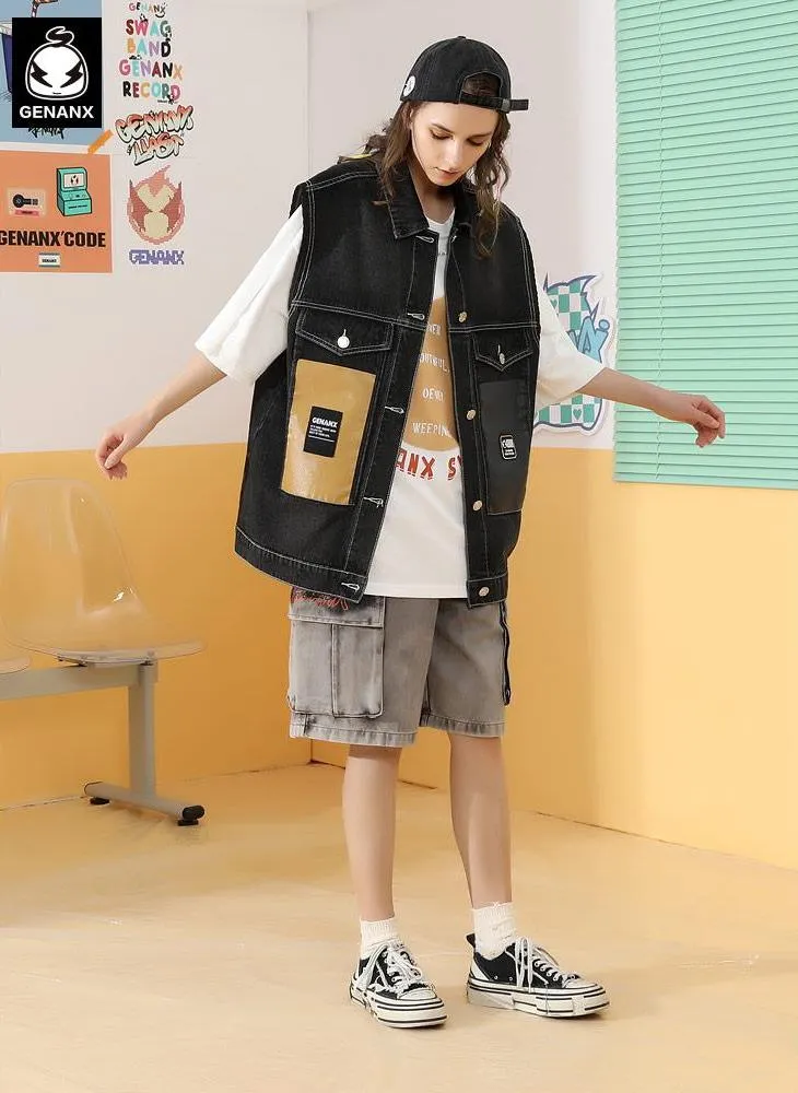Street Style Color Block Patchwork Denim Vest