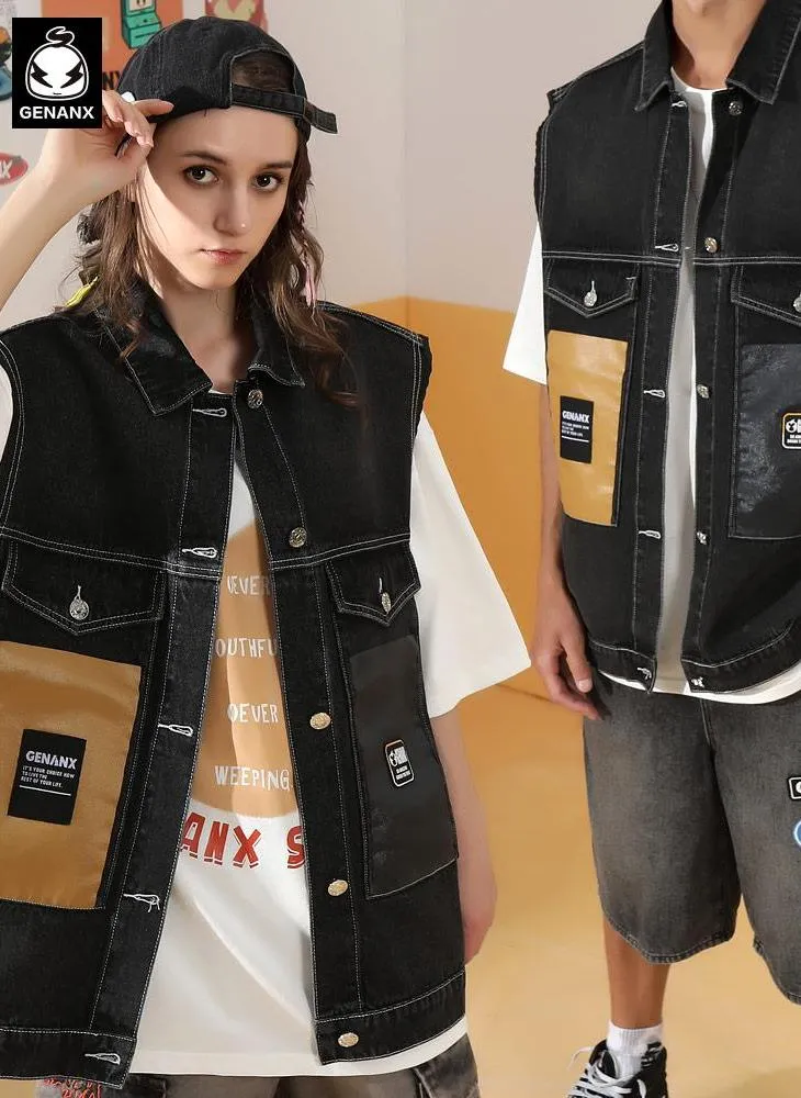 Street Style Color Block Patchwork Denim Vest
