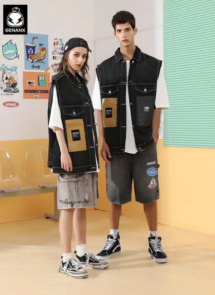 Street Style Color Block Patchwork Denim Vest