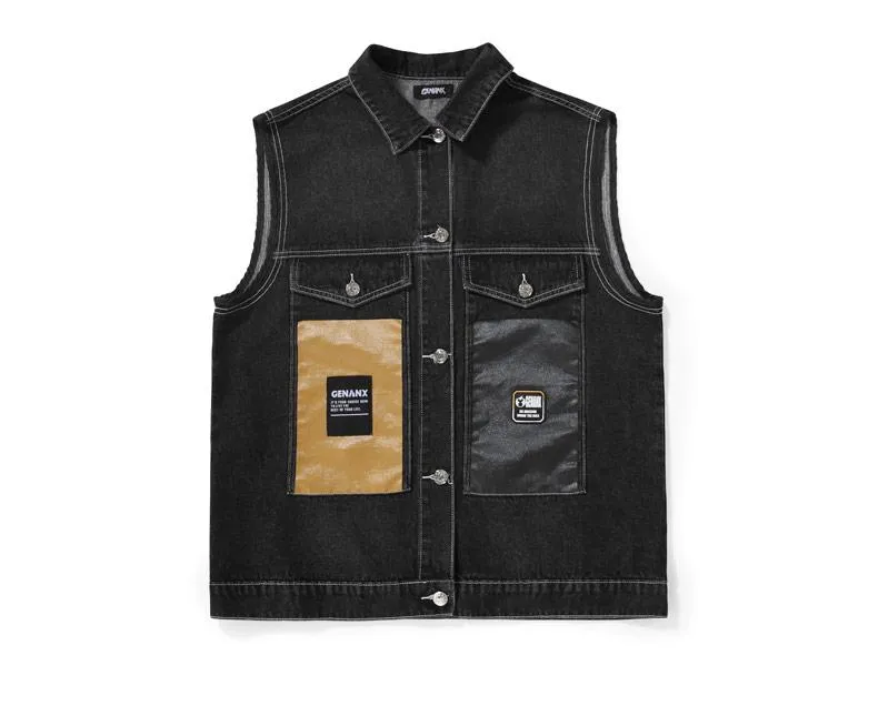Street Style Color Block Patchwork Denim Vest