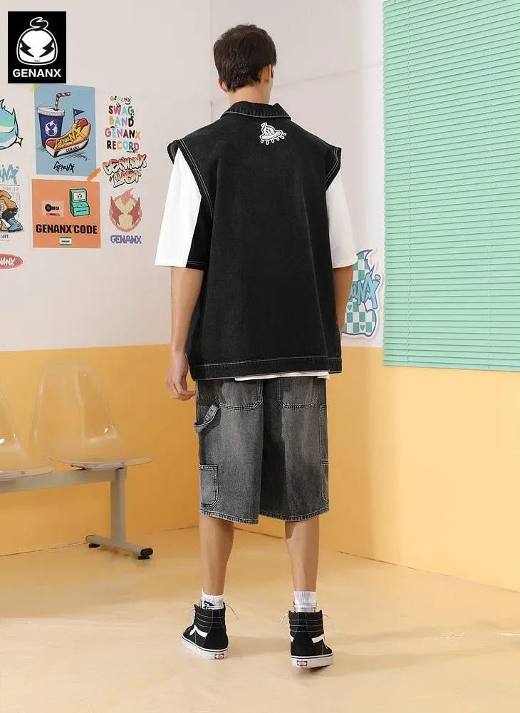 Street Style Color Block Patchwork Denim Vest