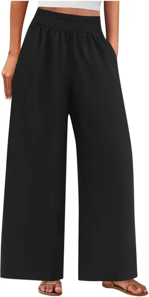 Summer Casual Loose Wide Leg Palazzo Pants for Womens Spring Linen Pants High Waist Flowy Beach Trousers Outfits