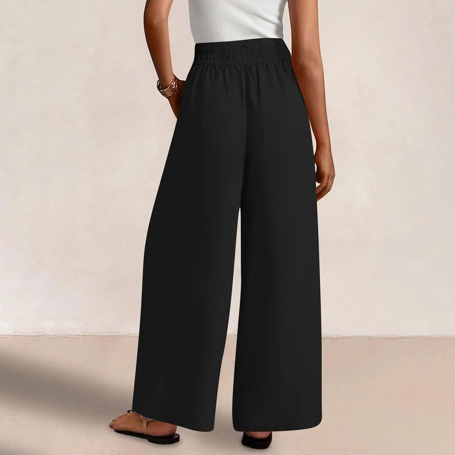 Summer Casual Loose Wide Leg Palazzo Pants for Womens Spring Linen Pants High Waist Flowy Beach Trousers Outfits
