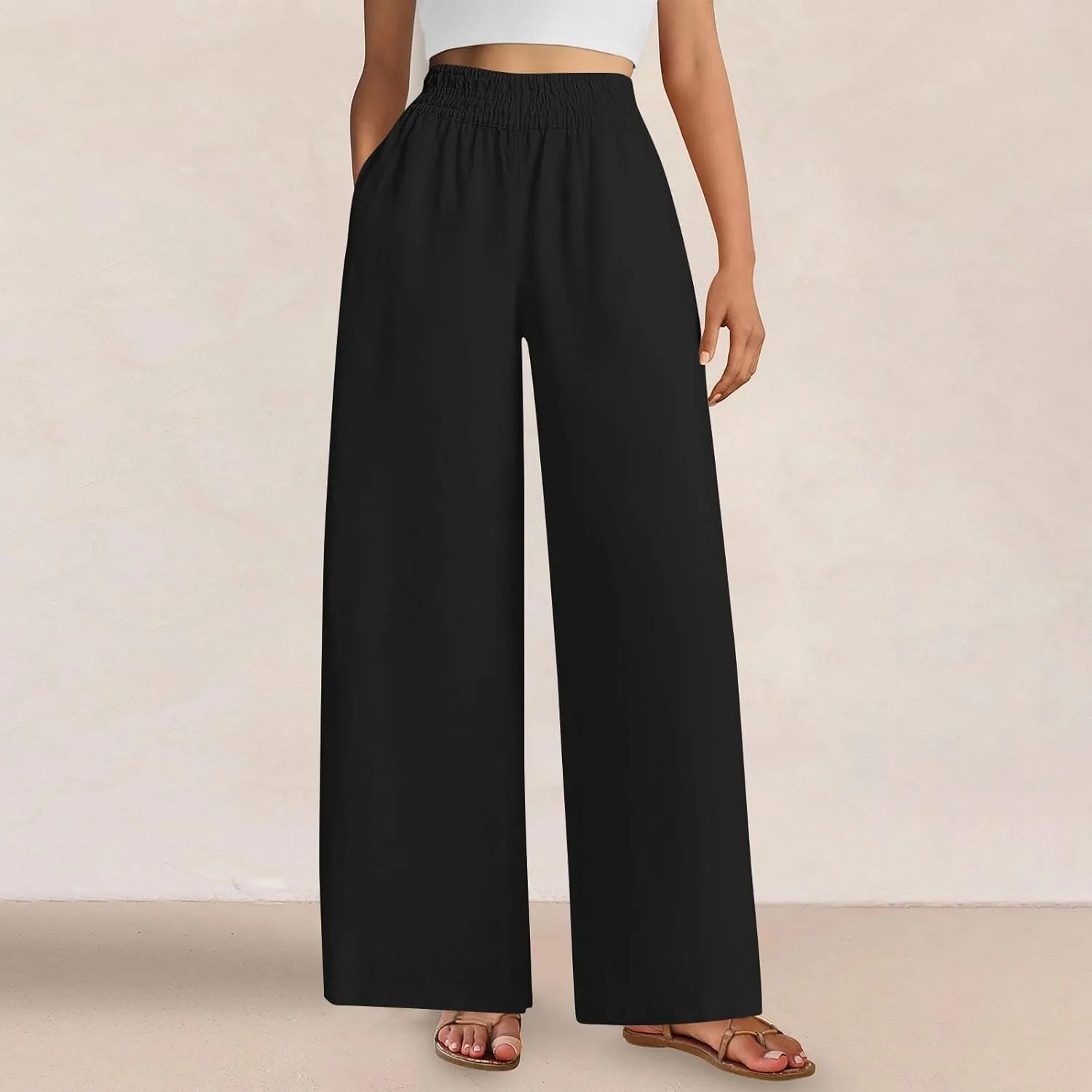Summer Casual Loose Wide Leg Palazzo Pants for Womens Spring Linen Pants High Waist Flowy Beach Trousers Outfits
