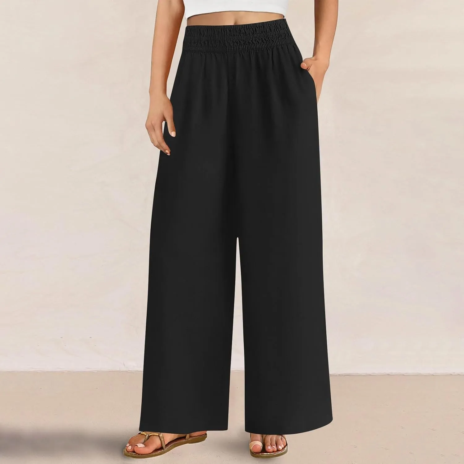 Summer Casual Loose Wide Leg Palazzo Pants for Womens Spring Linen Pants High Waist Flowy Beach Trousers Outfits
